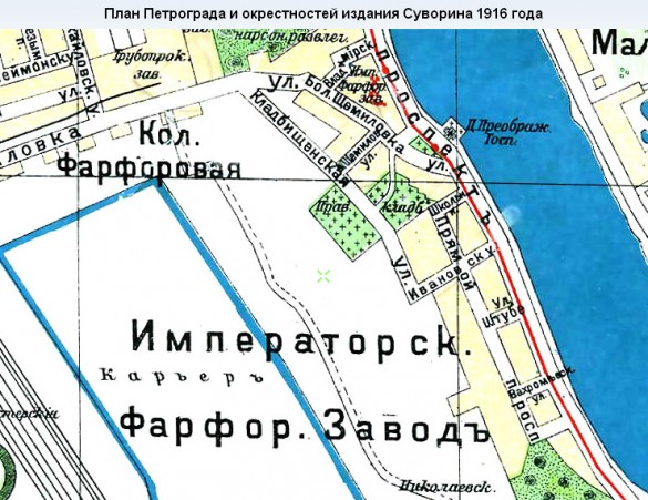 Фарфоровское кладбище на карте 1916 года
