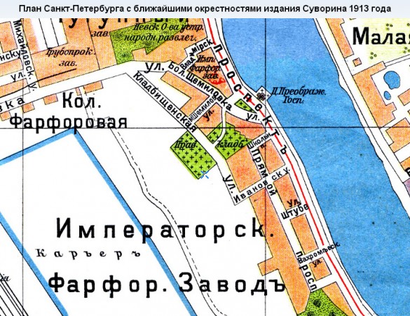 Фарфоровское кладбище на карте 1913 года