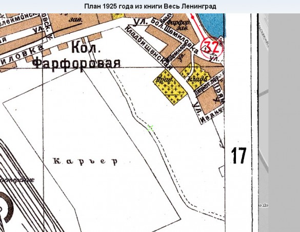Фарфоровское кладбище на карте 1925 года