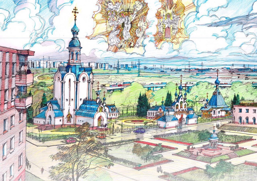 Православный комплекс в Шушарах, рисунок Бориса Костыгова